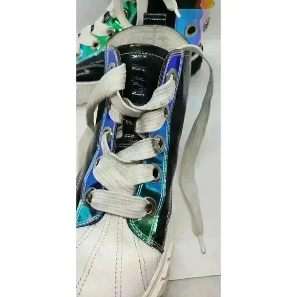 Black Leather Hi Top Sneakers Iridescent Eyelet & Heel D:fuse Scandinavia RARE - Picture 15 of 16